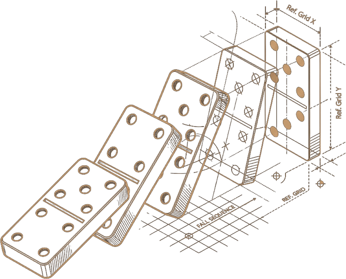 Technical drawing of five dominoes mid-fall, annotated with a fall sequence arrow and reference grid. One push carries through the whole line.