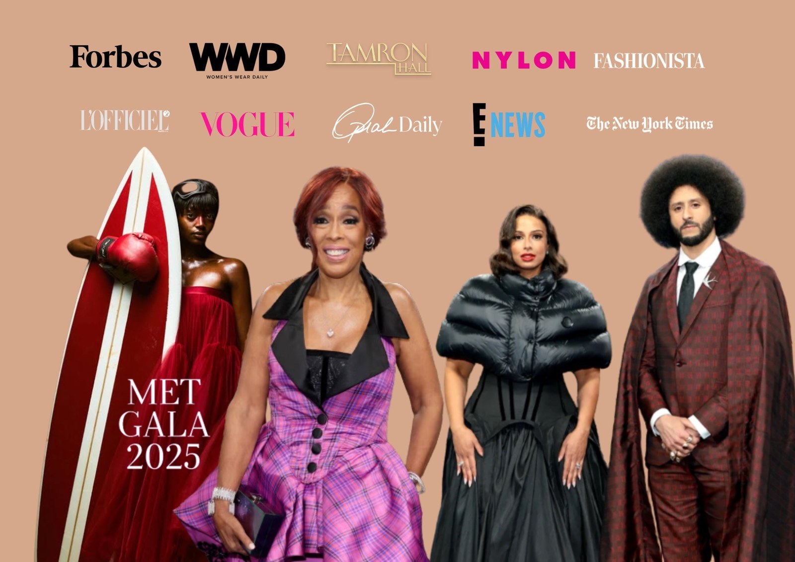 The client’s Met Gala 2025 card: a row of publication wordmarks above four red carpet looks, captioned Met Gala 2025