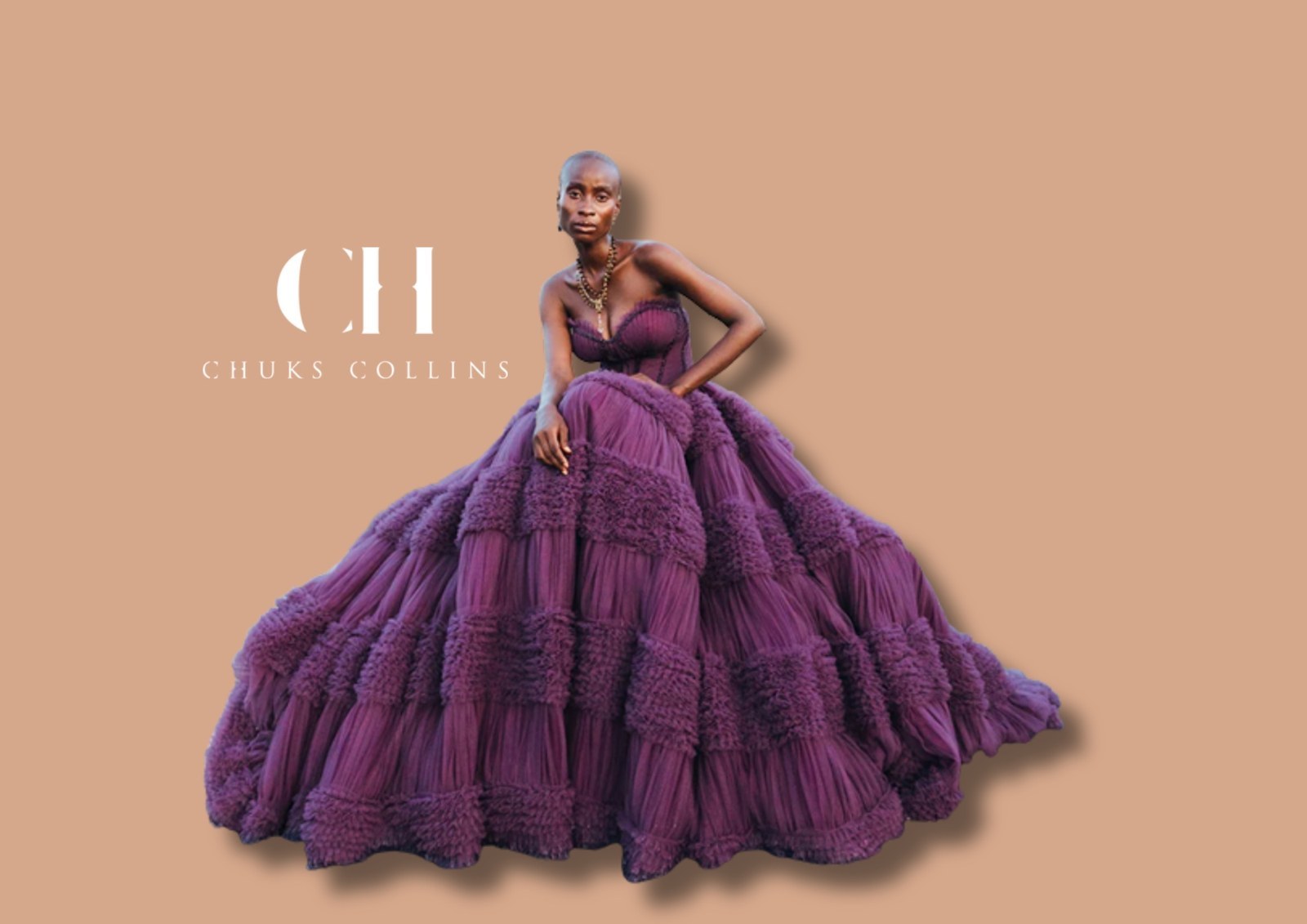 A model in a voluminous tiered purple tulle ball gown by Chuks Collins, photographed against a tan ground beside the CH monogram and the Chuks Collins wordmark