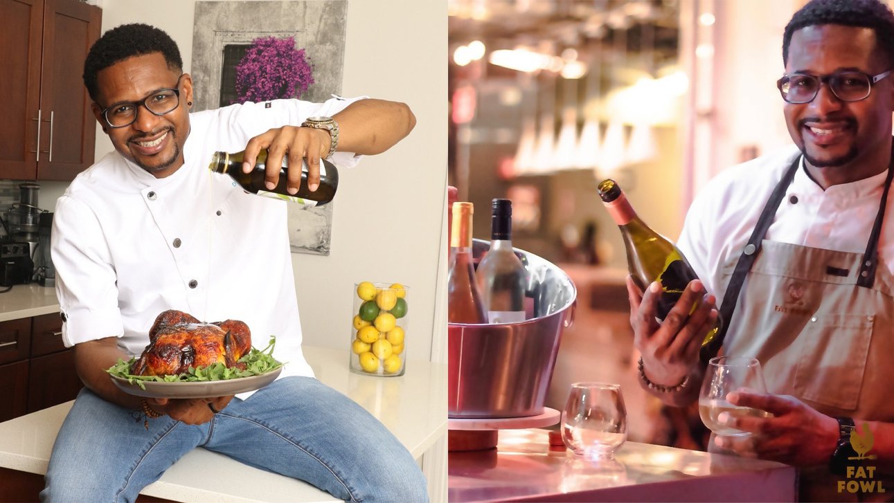 Two photographs of a chef: pouring olive oil over a roast chicken in a home kitchen, and holding a bottle of white wine at a restaurant bar
