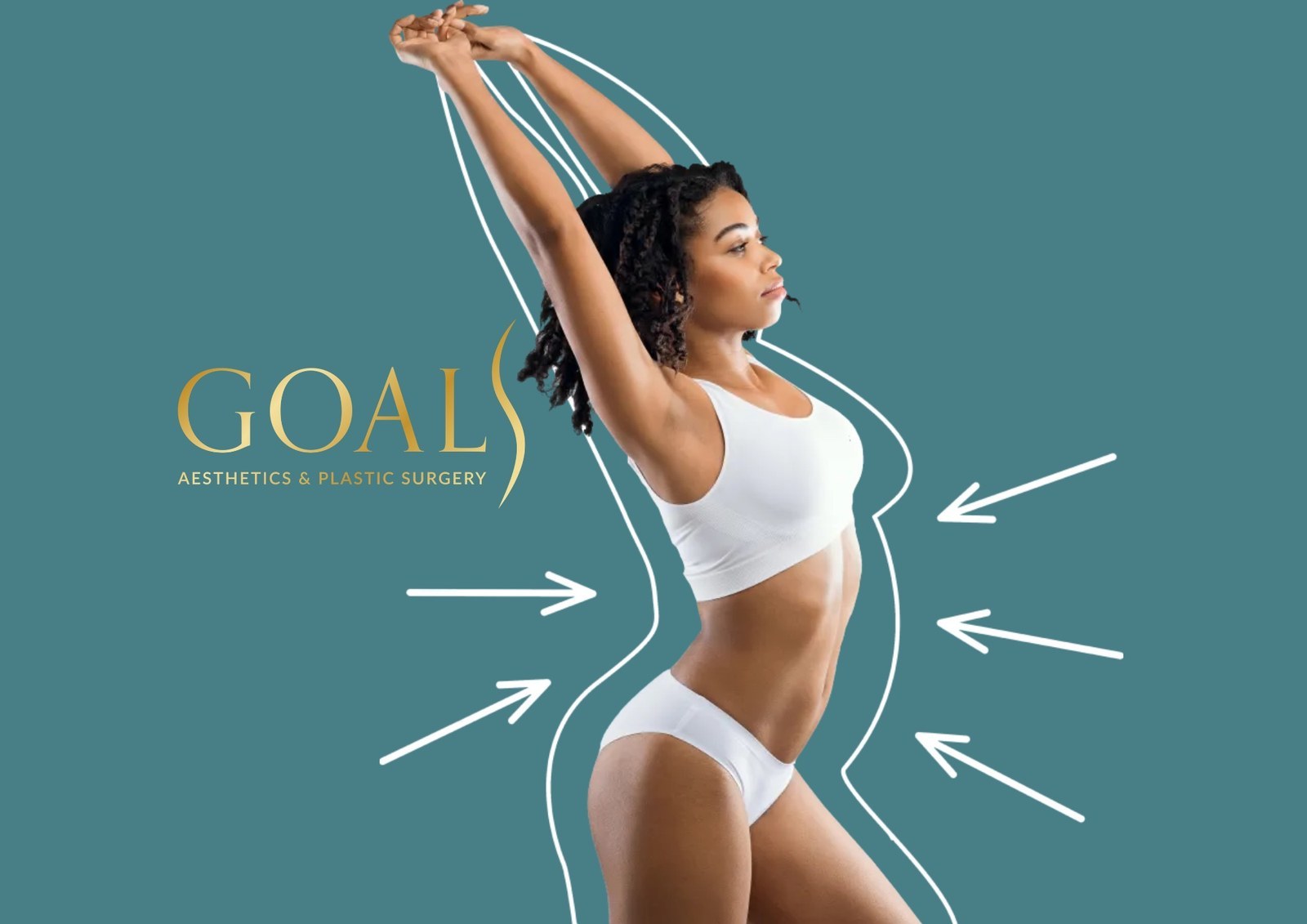 Brand creative for Goals Aesthetics and Plastic Surgery: a woman in white athletic wear stretching against a teal ground beside the gold Goals logo