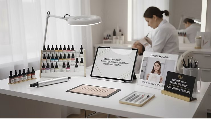 A white esthetics workstation with pigment bottles, a magnifying lamp, a brow practice pad and a tablet reading The Art of Permanent Brows, with a treatment in progress behind