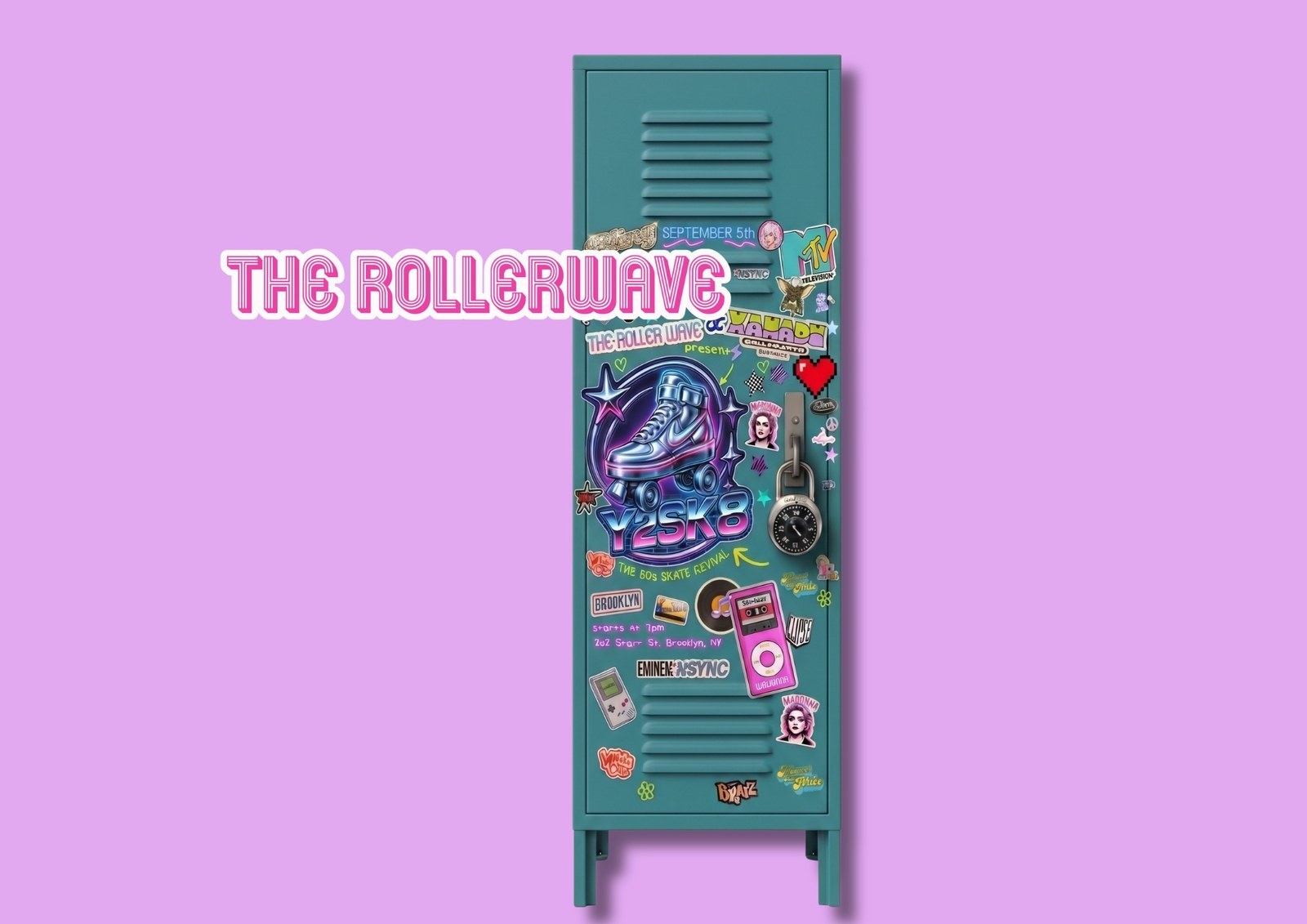 A sticker-covered locker promoting a Roller Wave skate night, beside the Roller Wave wordmark on a lilac ground