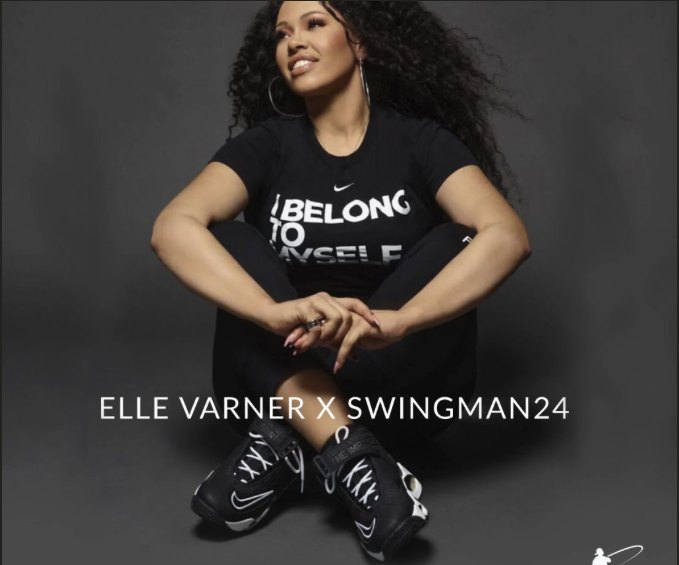 Elle Varner seated on the floor in an I Belong To Myself T-shirt and black sneakers, captioned Elle Varner x Swingman24