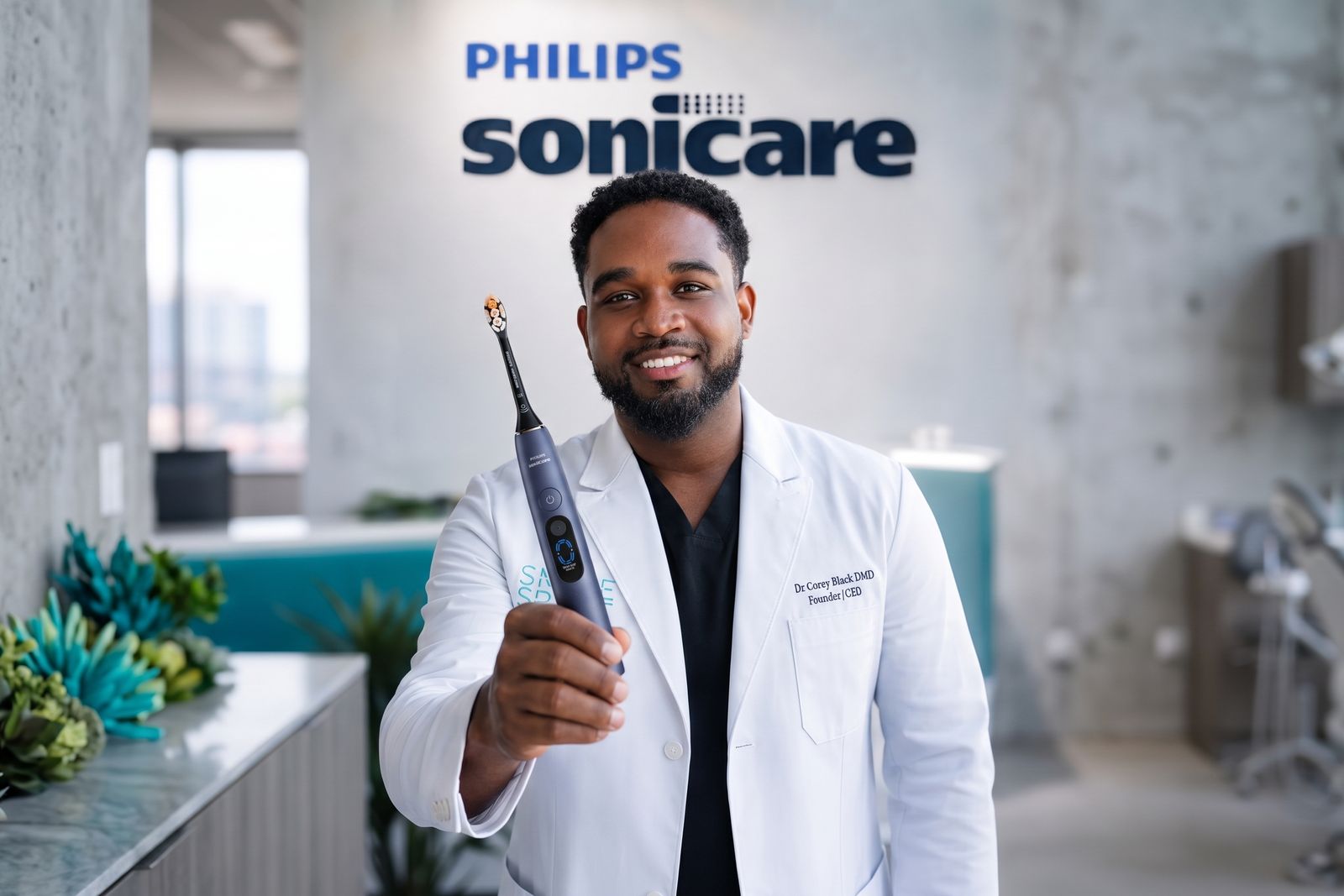 Dr. Corey Black in a white coat holding a Philips Sonicare toothbrush, in front of a Philips Sonicare wall sign