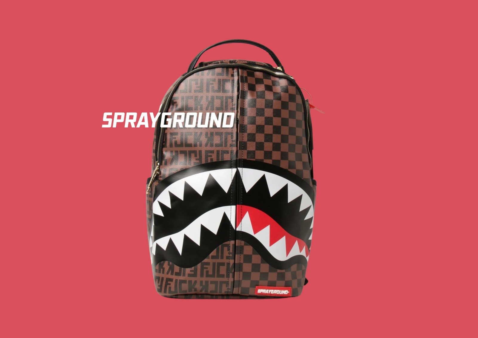 A Sprayground shark-mouth backpack in a brown checkerboard and monogram print, photographed on a red ground beside the Sprayground wordmark