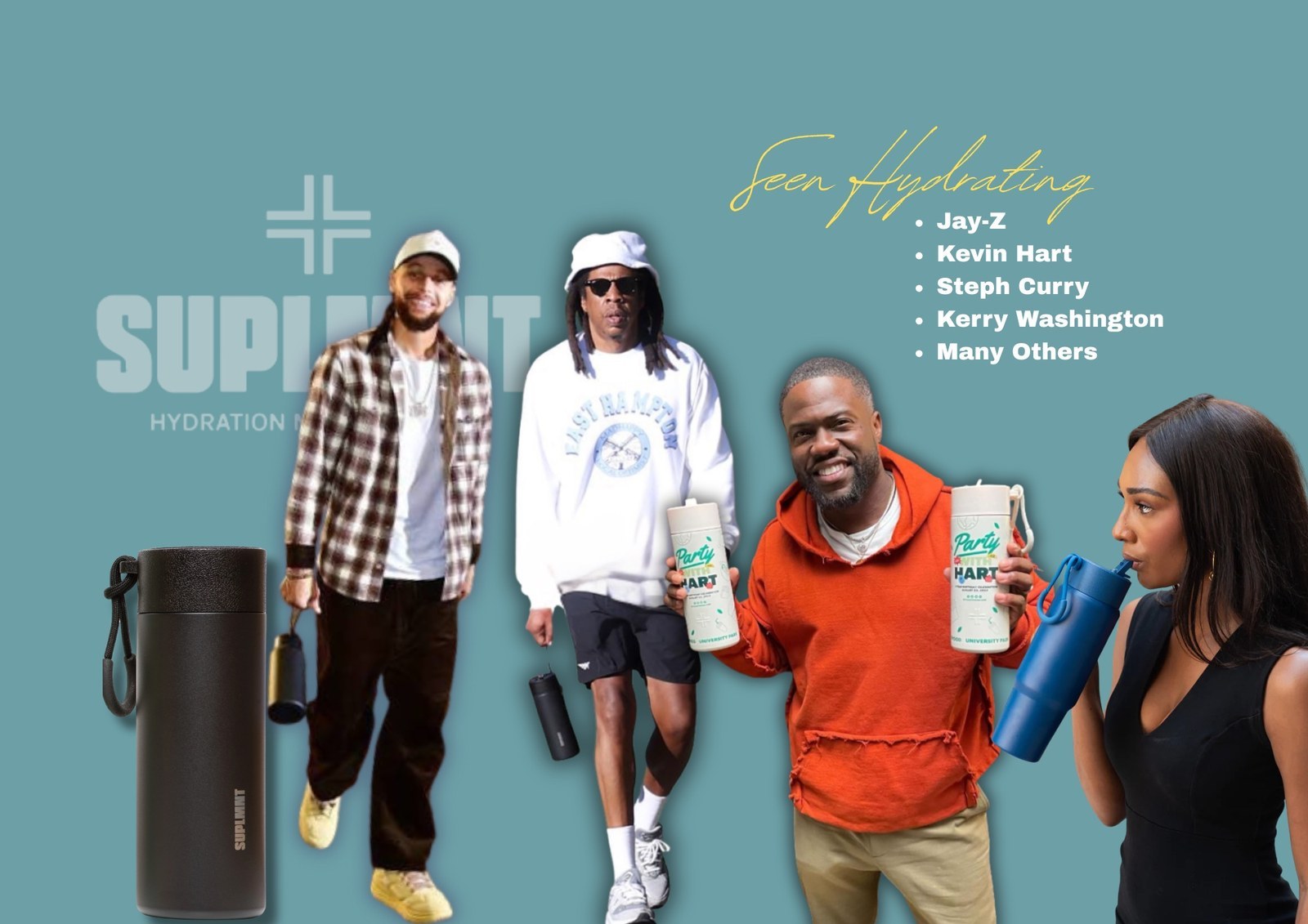 Suplmnt creative headed Seen Hydrating: public figures walking with Suplmnt bottles and tumblers, beside the Suplmnt logo