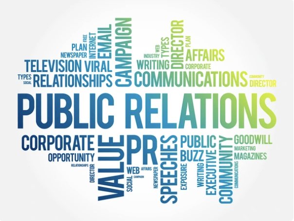 Word cloud of public relations terms, including communications, campaign, PR and value