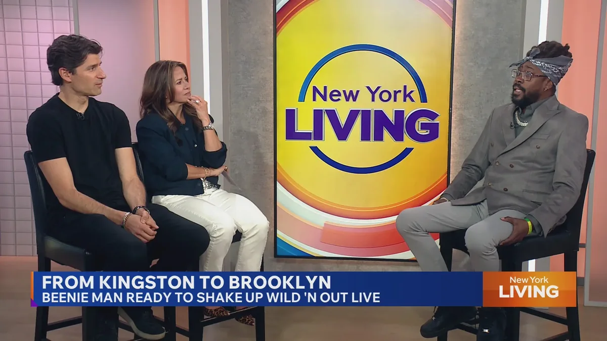 Reggae artist Beenie Man interviewed by the hosts of New York Living on PIX11, with the on-screen banner reading From Kingston to Brooklyn.